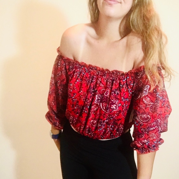 Speechless Tops - • SOLD // speechless red floral off-shoulder ruffle top •